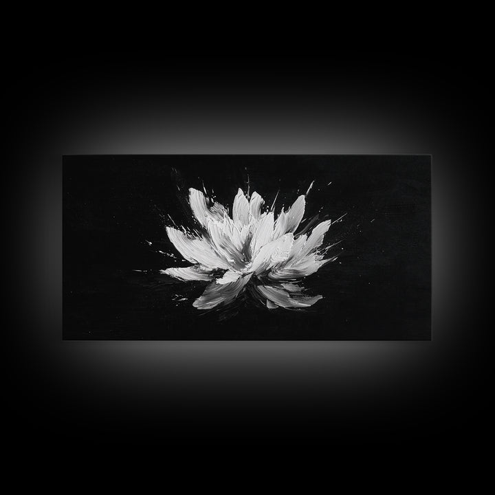 Abstract White Flower On Black Background Minimalist Wall Art Modern Home Decor Canvas Print For Living Room And Bedroom