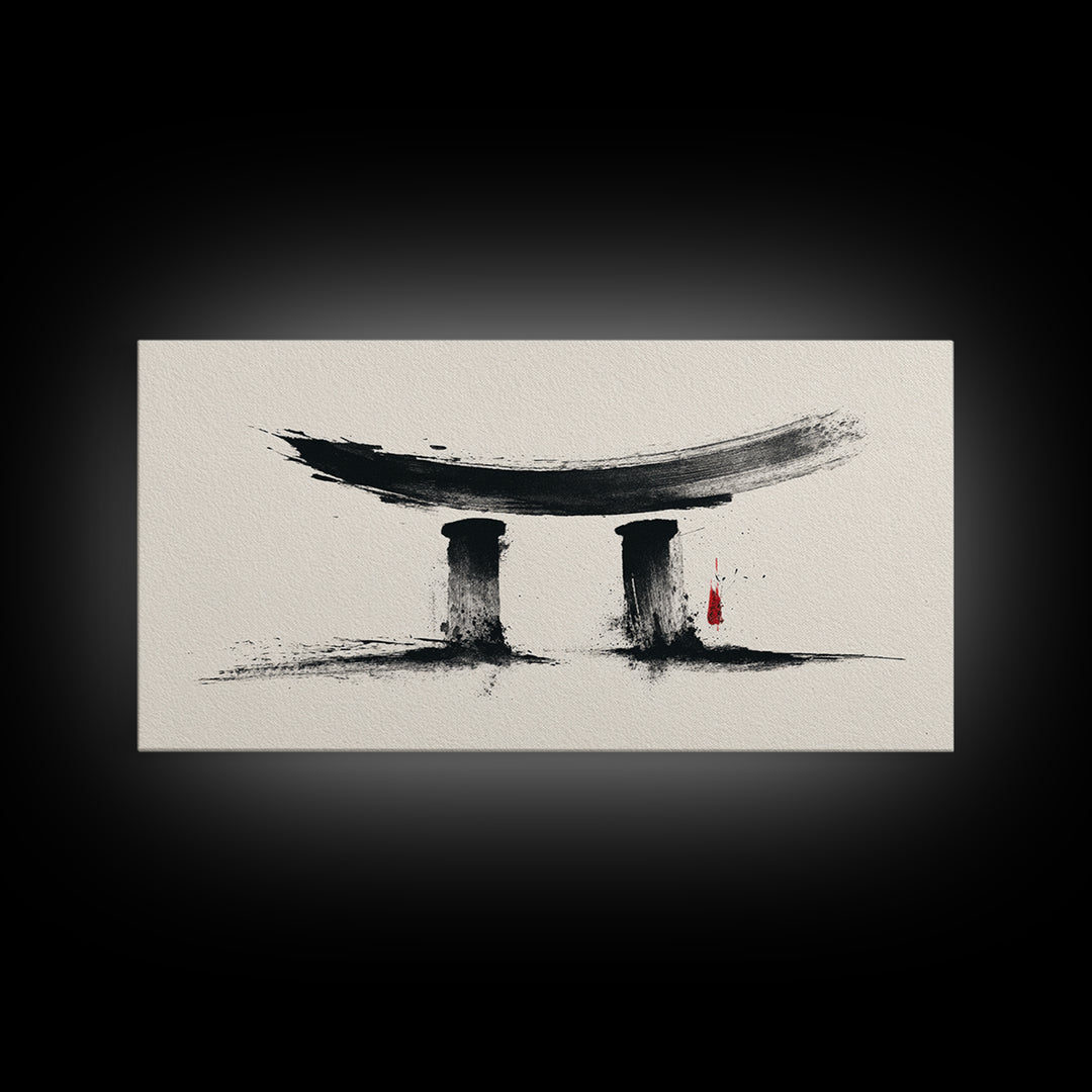 Minimalist Abstract Black Ink Calligraphy Inspired Wall Art Featuring Stylized Traditional Japanese Torii Gate In Ink Wash Style Framed Canvas Print