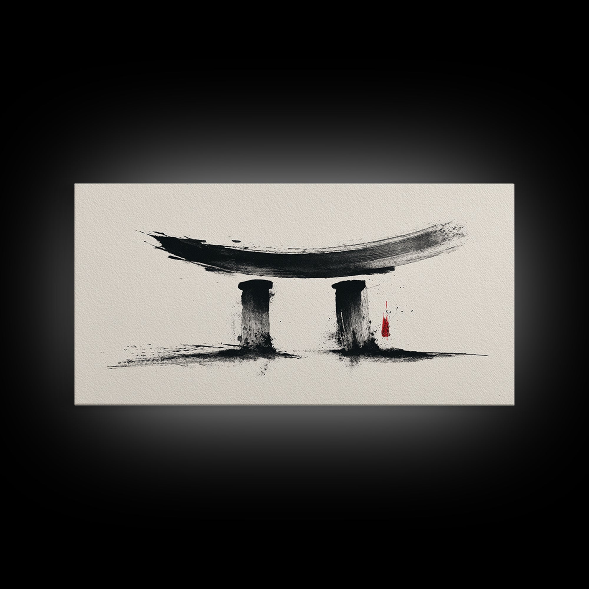 Minimalist Abstract Black Ink Calligraphy Inspired Wall Art Featuring Stylized Traditional Japanese Torii Gate In Ink Wash Style Framed Canvas Print