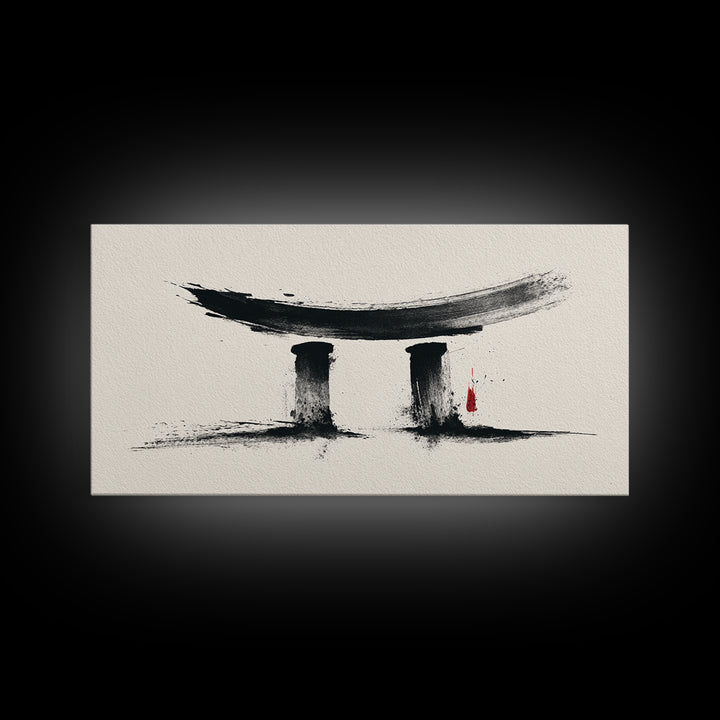 Minimalist Abstract Black Ink Calligraphy Inspired Wall Art Featuring Stylized Traditional Japanese Torii Gate In Ink Wash Style Framed Canvas Print
