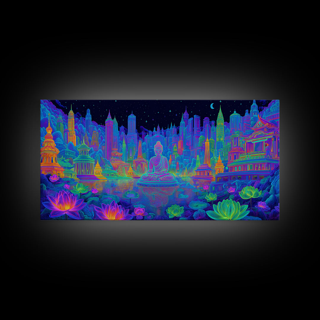 Vibrant Neon Cityscape With Buddha Statue And Lotus Flowers Modern Wall Art Colorful Spiritual Canvas Print