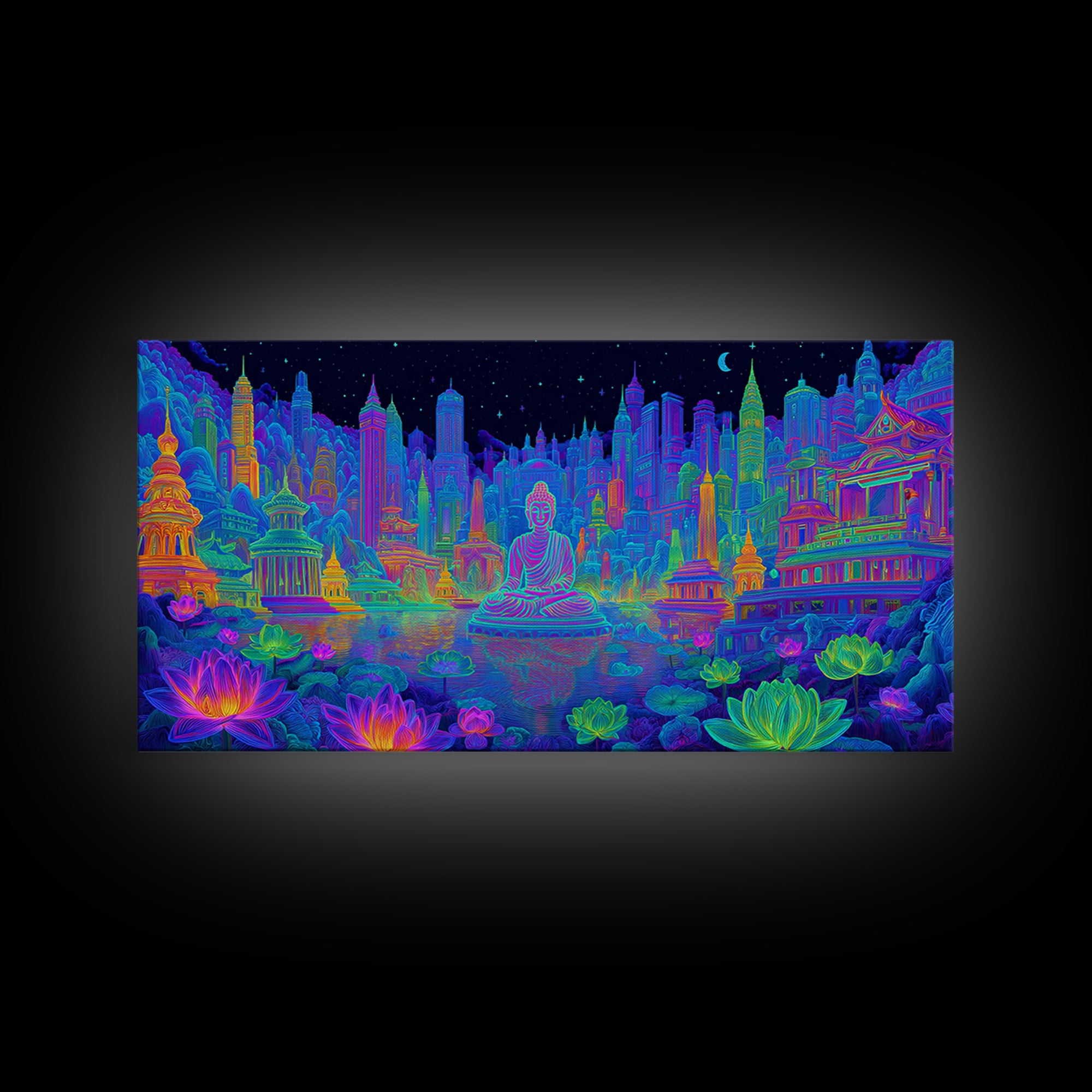 Vibrant Neon Cityscape With Buddha Statue And Lotus Flowers Modern Wall Art Colorful Spiritual Canvas Print