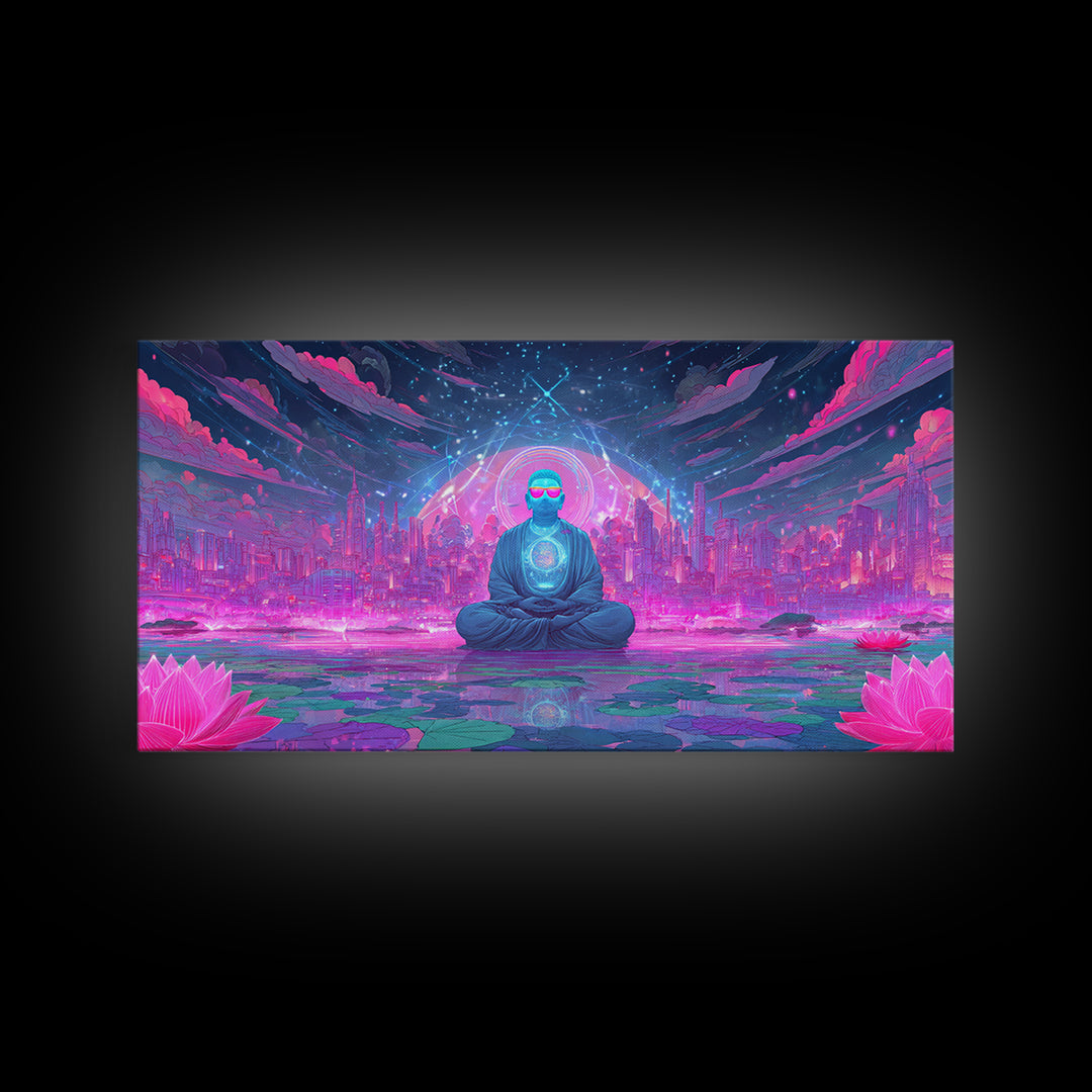 Futuristic Meditating Figure With Neon Cityscape Abstract Wall Art Framed Canvas Print For Office And Living Room