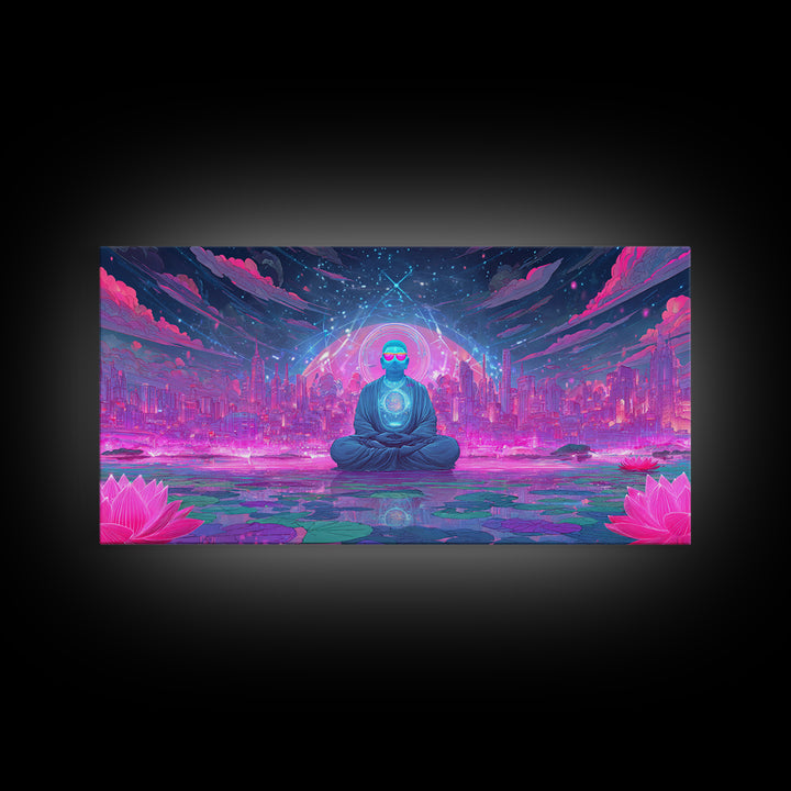 Futuristic Meditating Figure With Neon Cityscape Abstract Wall Art Framed Canvas Print For Office And Living Room