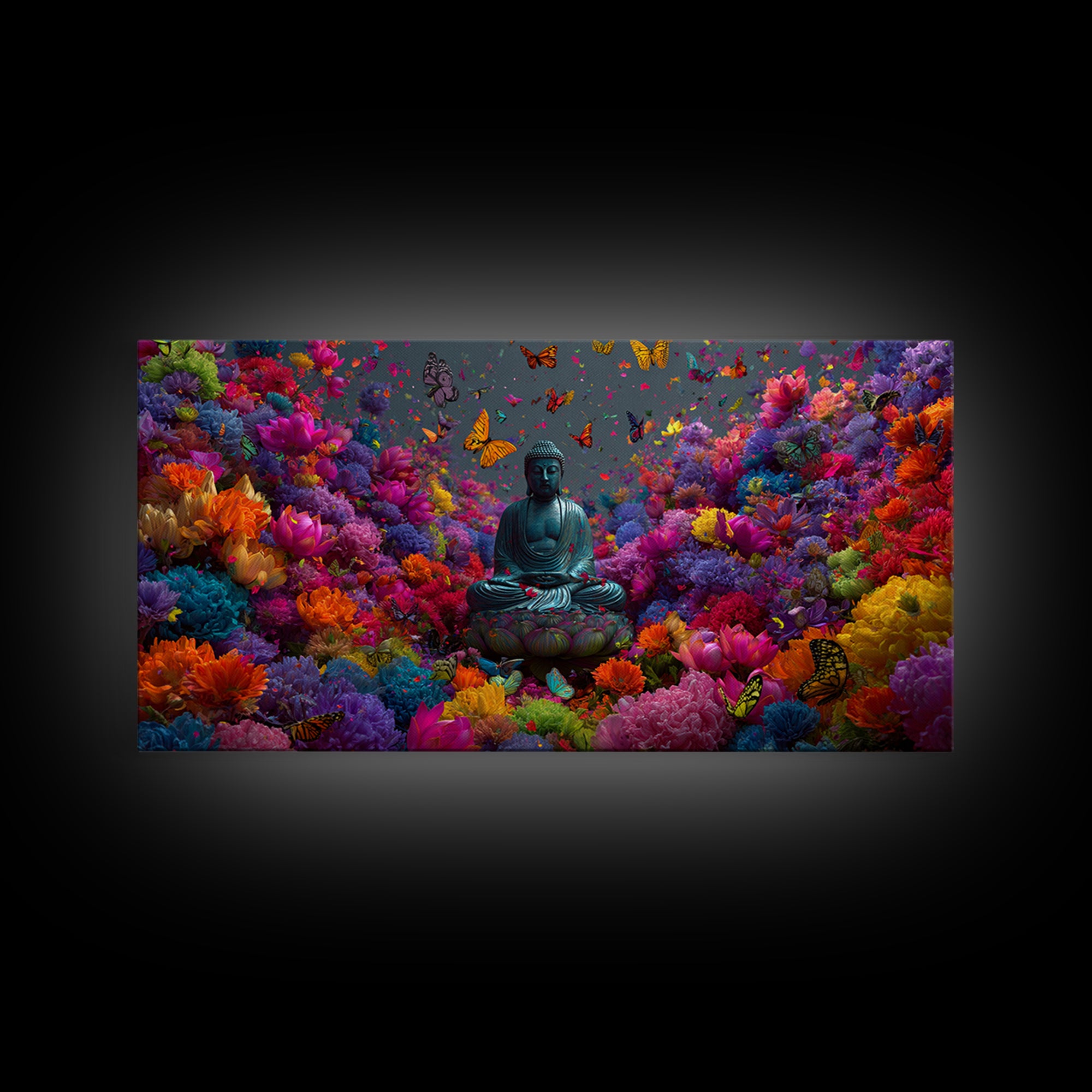 Meditative Buddha Statue Surrounded By Colorful Flowers And Butterflies Contemporary Wall Art Framed Canvas Print