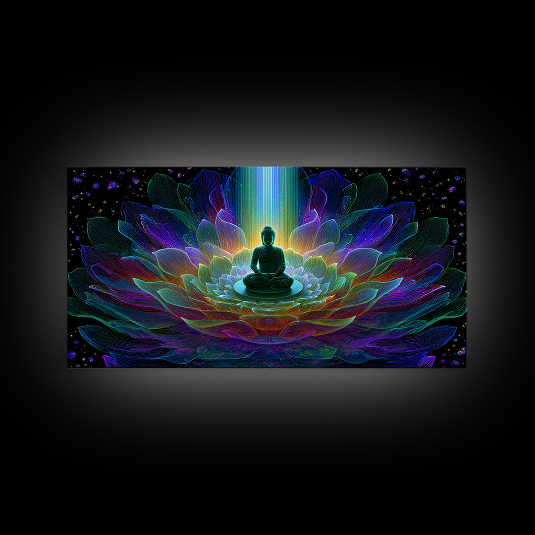 Spiritual Buddha Lotus Flower Meditation Colorful Neon Mandala Wall Art Canvas Print For Zen Room