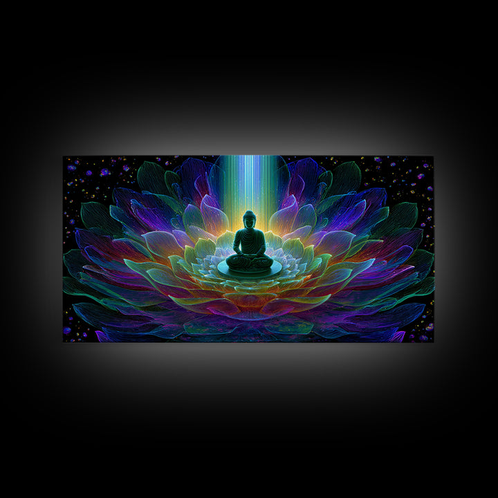 Spiritual Buddha Lotus Flower Meditation Colorful Neon Mandala Wall Art Canvas Print For Zen Room