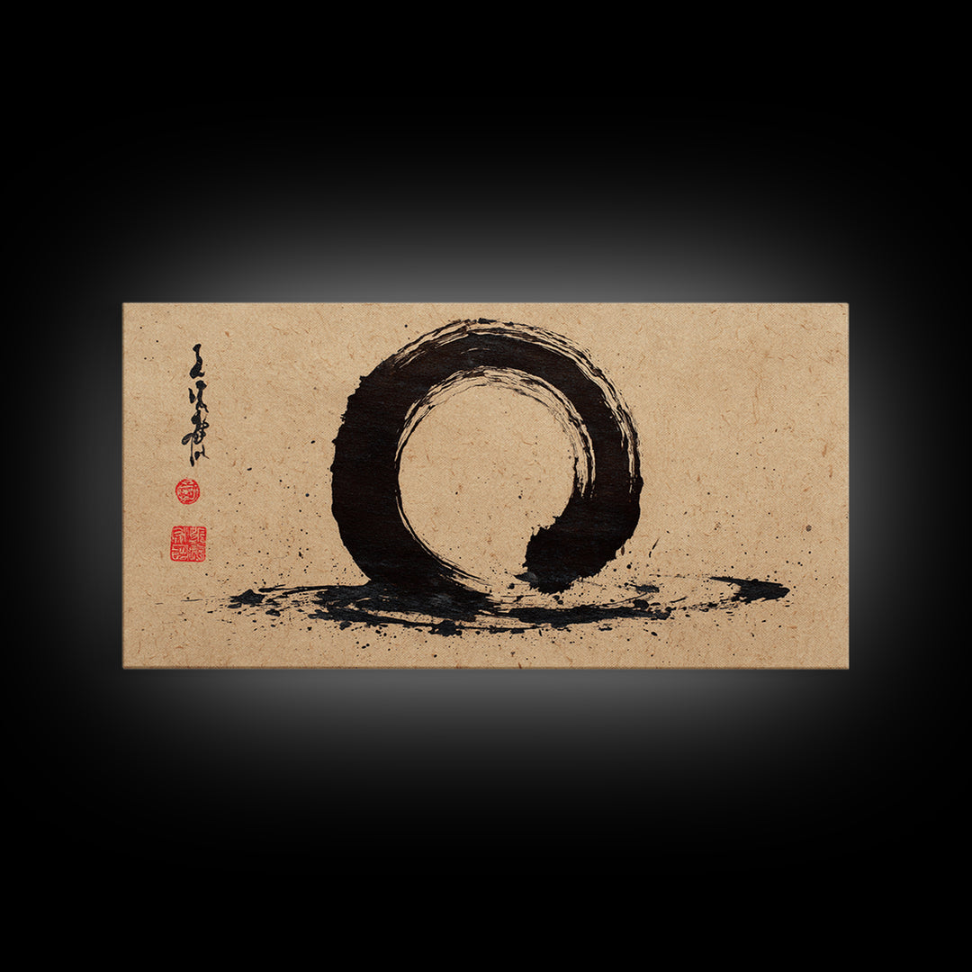 Minimalist Black Ink Enso Circle Painting On Textured Paper Modern Abstract Wall Art Framed Canvas Print For Contemporary Home Decor