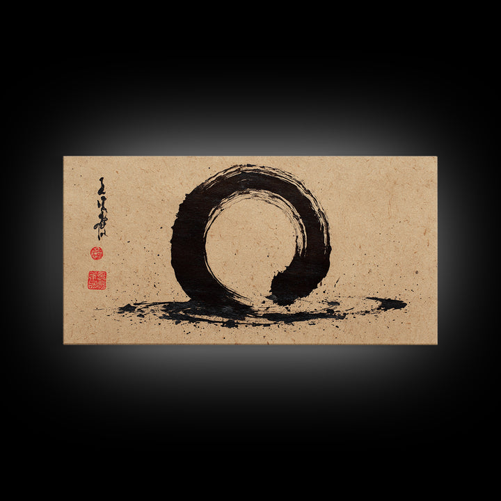 Minimalist Black Ink Enso Circle Painting On Textured Paper Modern Abstract Wall Art Framed Canvas Print For Contemporary Home Decor