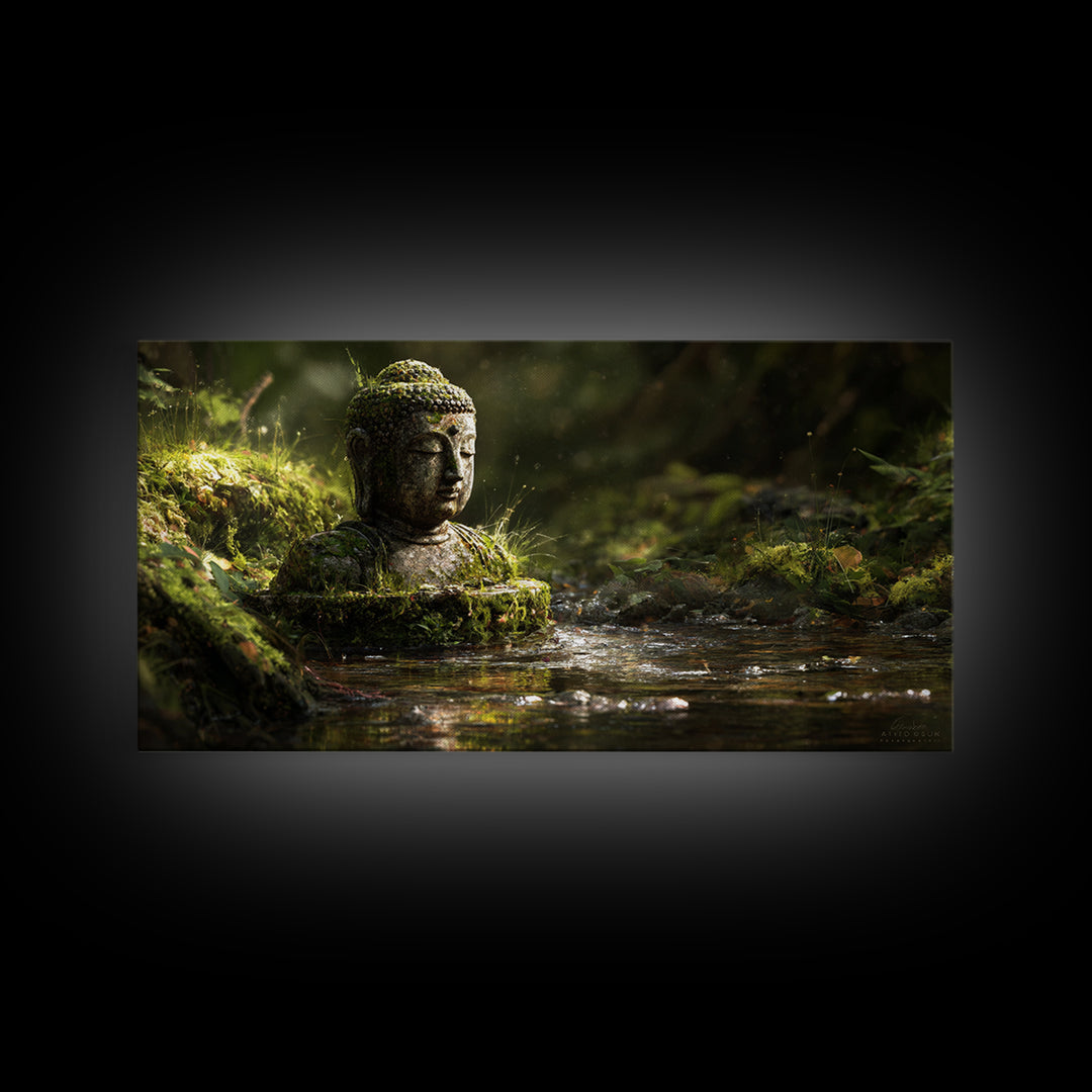 Serene Buddha Statue In Mossy Forest Water Reflection Wall Art Framed Canvas Print For Spa Zen Home Decor