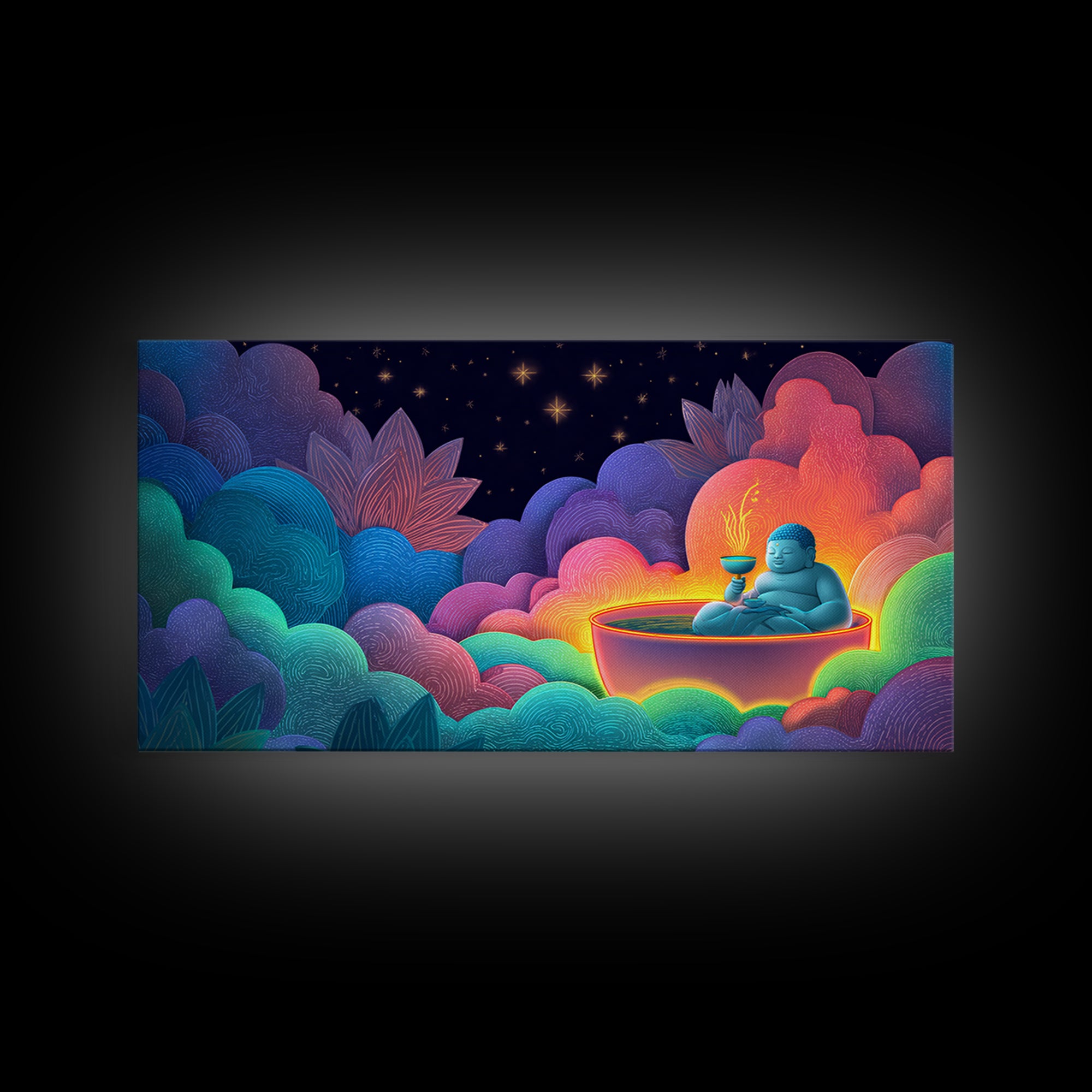 Colorful Vibrant Buddha With Neon Aura And Dynamic Clouds Spiritual Wall Art For Meditation Room And Yoga Studio Canvas Print