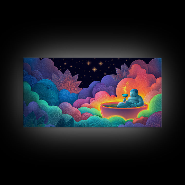 Colorful Vibrant Buddha With Neon Aura And Dynamic Clouds Spiritual Wall Art For Meditation Room And Yoga Studio Canvas Print