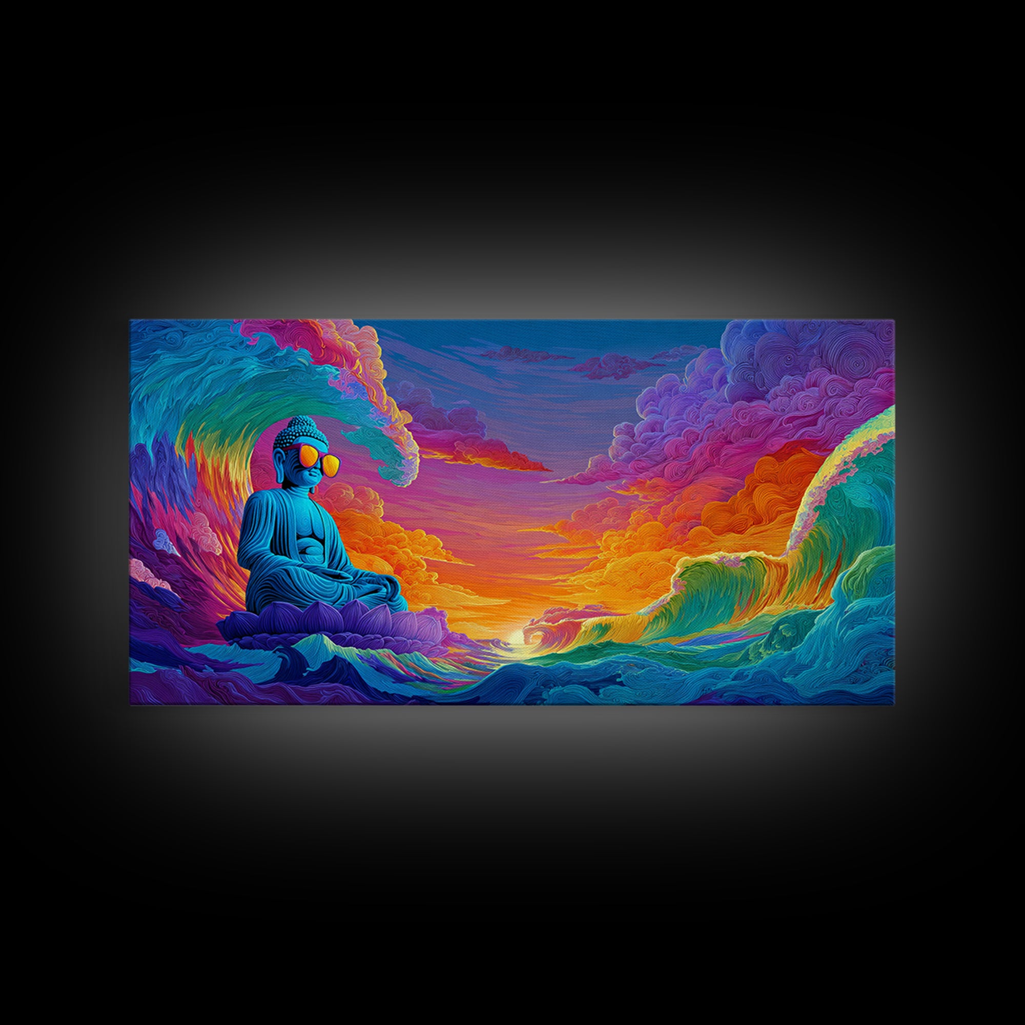 Vibrant Ocean Waves And Blue Buddha Sunset Landscape Wall Art Canvas Print For Relaxing Home Decor And Living Room