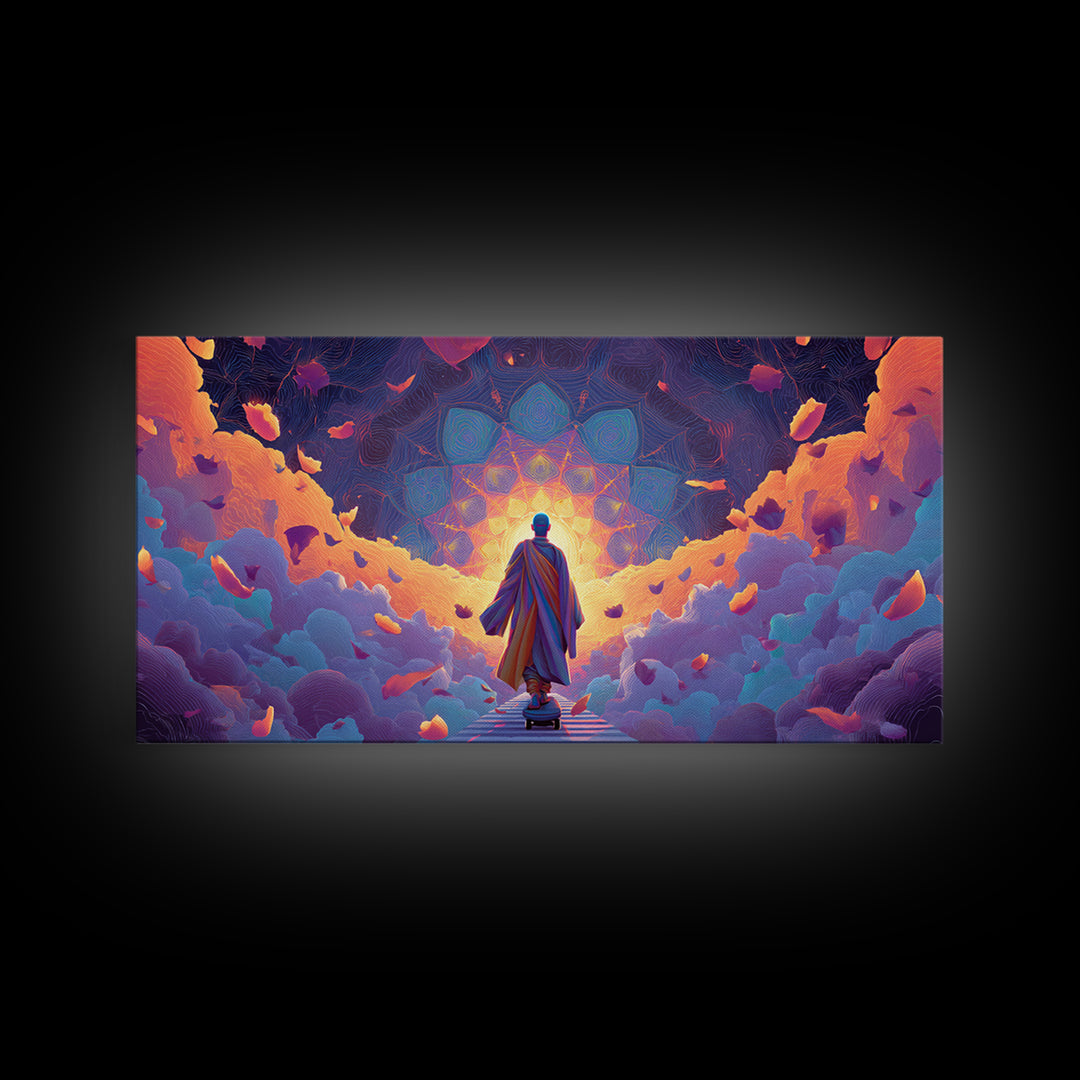 Mystical Monk Walking On Path Surrounded By Glowing Petals Spiritual Canvas Print Meditative Wall Art For Home Decor