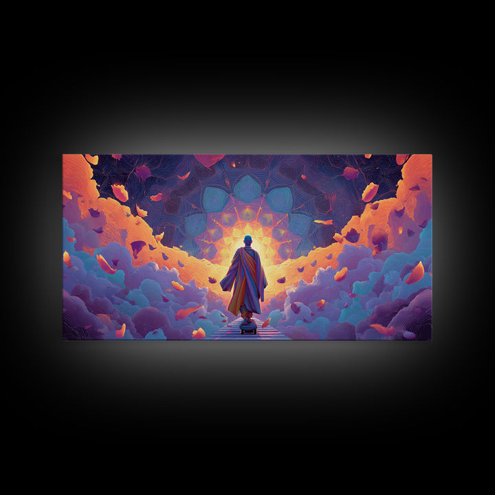 Mystical Monk Walking On Path Surrounded By Glowing Petals Spiritual Canvas Print Meditative Wall Art For Home Decor