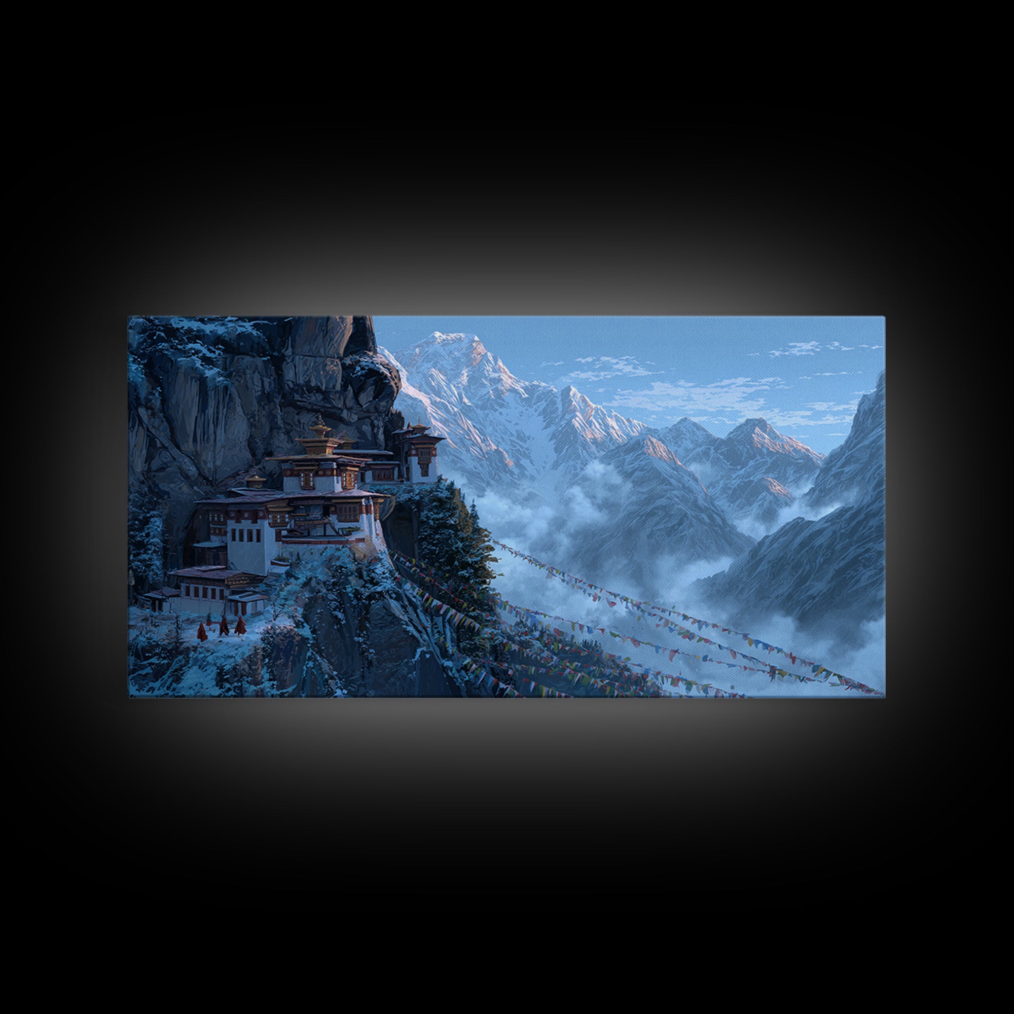 Snowy Mountain Monastery Landscape With Prayer Flags Serene Nature Scene Wall Art Framed Canvas Print For Meditation Room Decor
