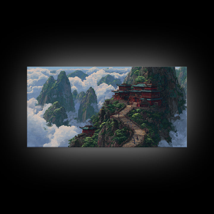 Scenic Traditional Asian Mountain Temple Landscape Painting Framed Canvas Print, Large Wall Art For Living Room Decor And Housewarming Gift