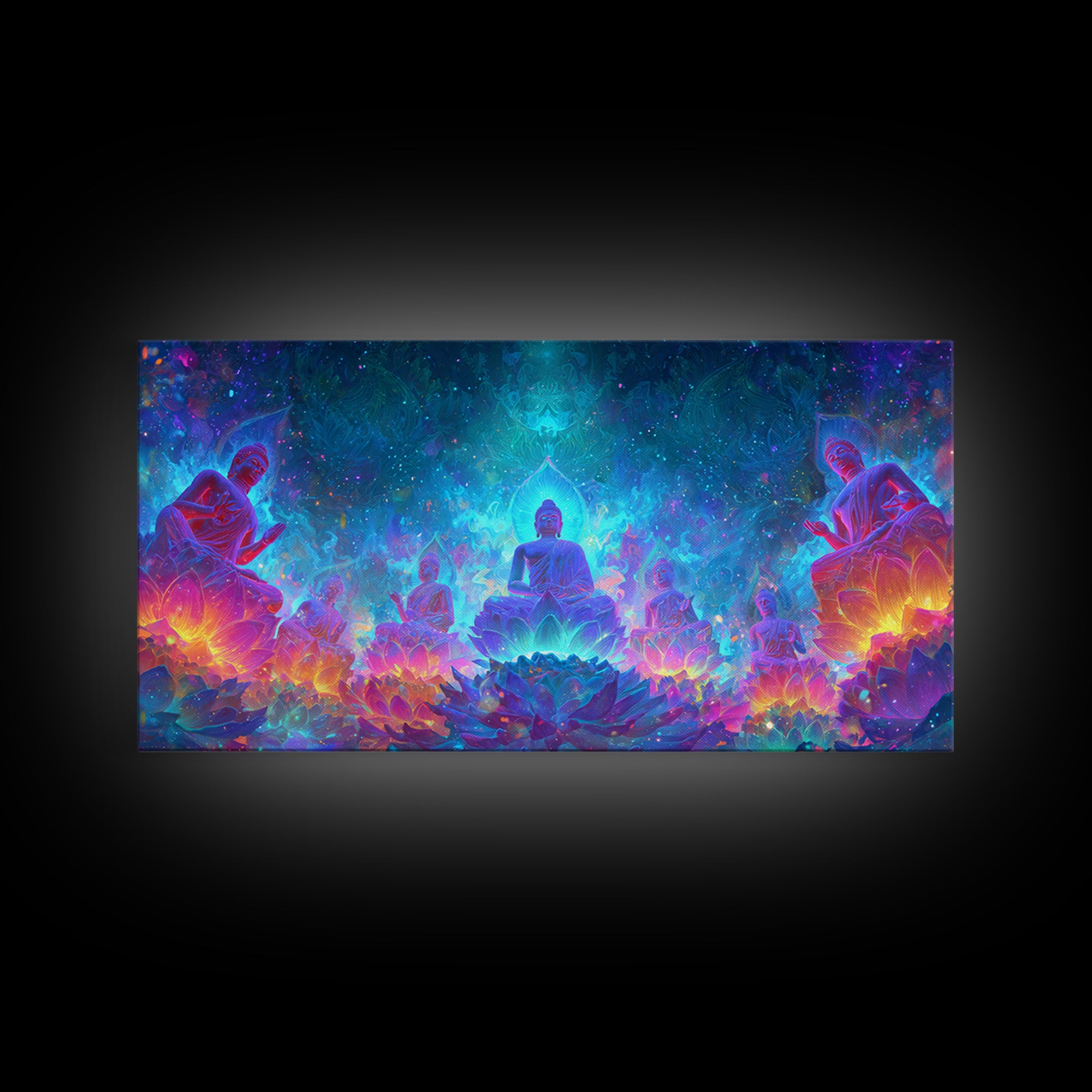 Mystical Buddha Statues Surrounded By Vibrant Lotus Flowers Spiritual Wall Art For Yoga Room Decor Canvas Print