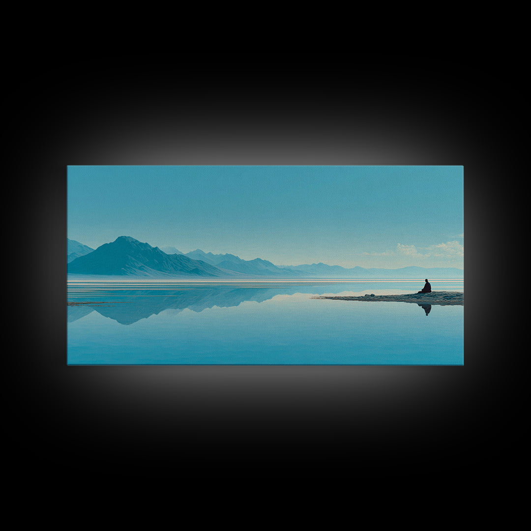 Tranquil Meditation Scene On Lake With Person Sitting Calm Water And Mountains Framed Canvas Print Zen Wall Art For Home Decor
