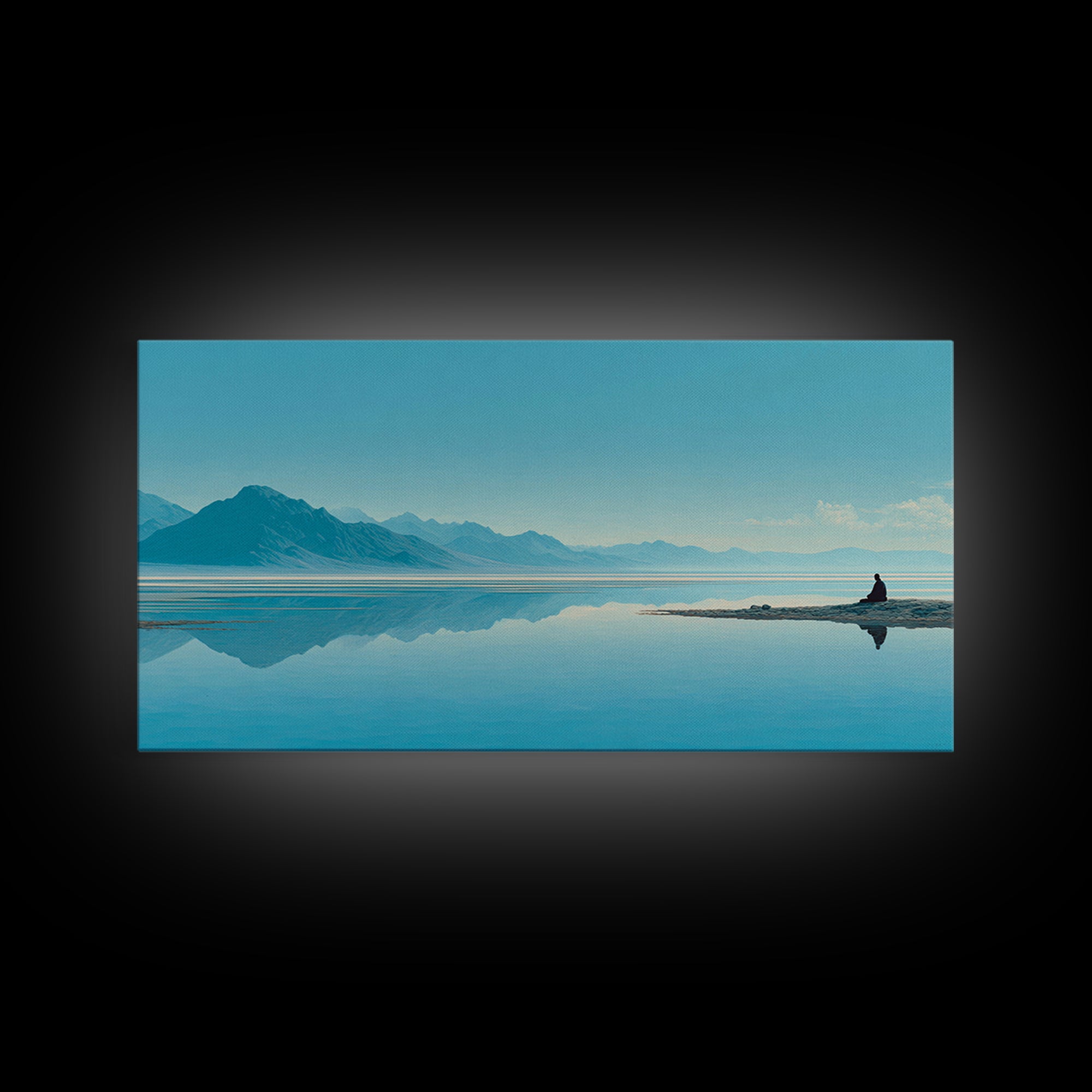 Tranquil Meditation Scene On Lake With Person Sitting Calm Water And Mountains Framed Canvas Print Zen Wall Art For Home Decor