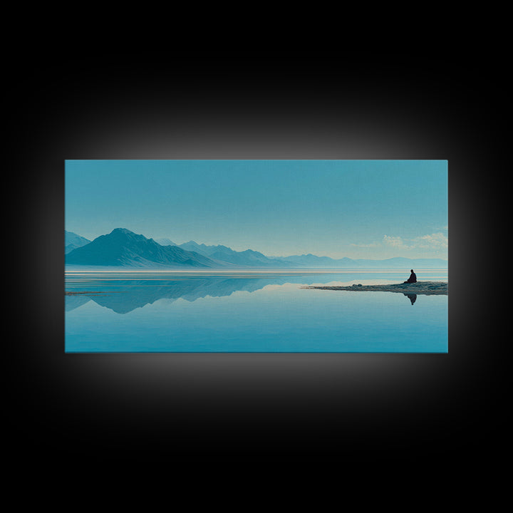Tranquil Meditation Scene On Lake With Person Sitting Calm Water And Mountains Framed Canvas Print Zen Wall Art For Home Decor