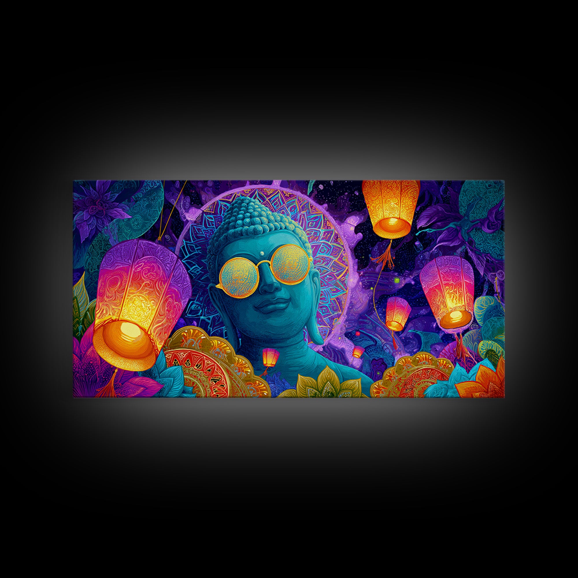 Colorful Buddha Statue With Lanterns And Floral Mandala Neon Art Print Modern Spiritual Wall Art Framed Canvas Print
