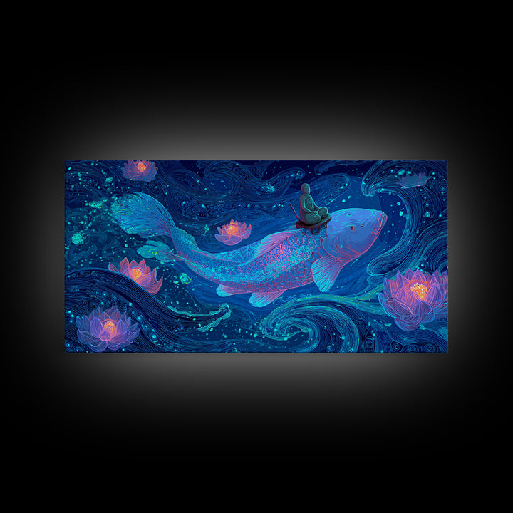 Magical Koi Fish Swimming Among Lotus Flowers In Blue Water Contemporary Wall Art Canvas Print For Zen Home Decor And Spa Rooms