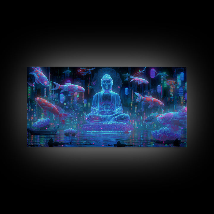 Mystical Neon Buddha Sitting With Koi Fish In Cyber Water Garden Wall Art Digital Canvas Print For Modern Home Decor