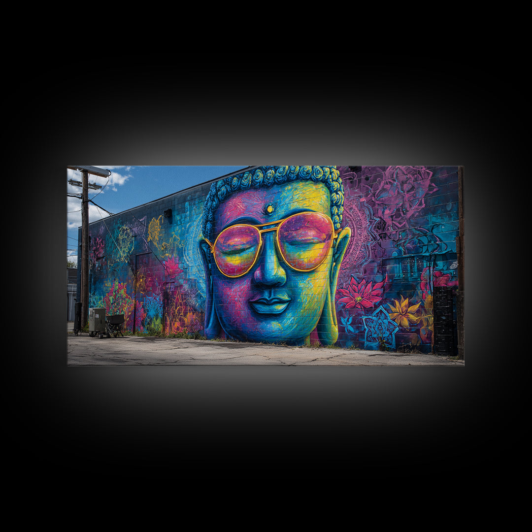 Colorful Graffiti Mural Of Buddha Wearing Sunglasses Vibrant Street Art Wall Art Framed Canvas Print