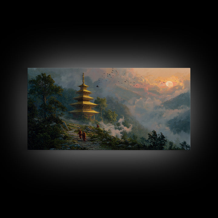 Serene Mystic Temple Amidst Lush Nature With Rising Sun Landscape Wall Art, Original Painting, Zen Home Decor Framed Canvas Print