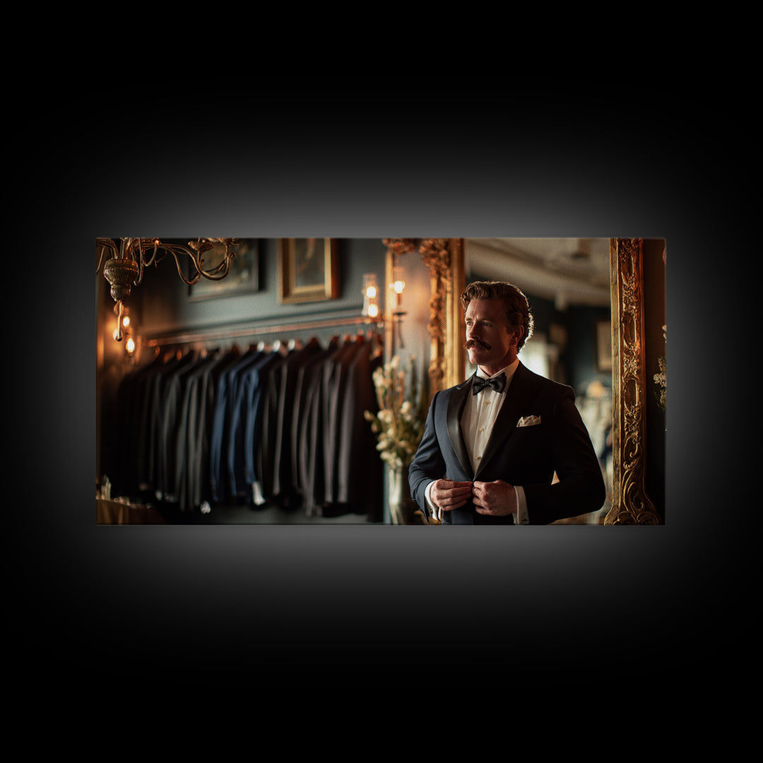 Dapper Tailor In Elegant Suit Shop Wall Art, Masculine Office Decor, Fashion Wall Art, Gift For Him Canvas Print, Mens Wall Art