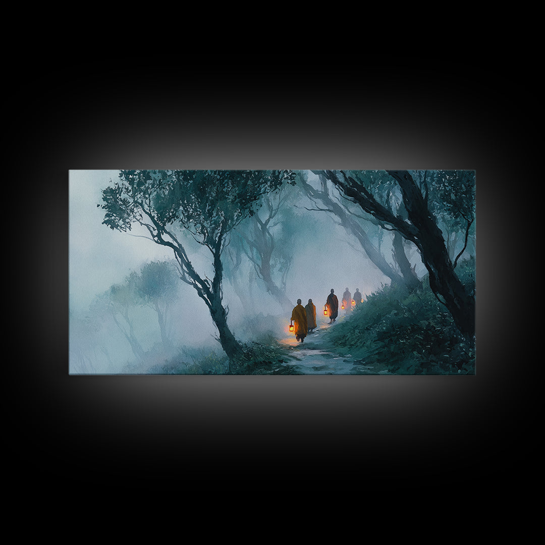 Mystical Monks Walking With Lanterns Through Foggy Forest Trail Wall Art Framed Canvas Print For Tranquil Home Decor