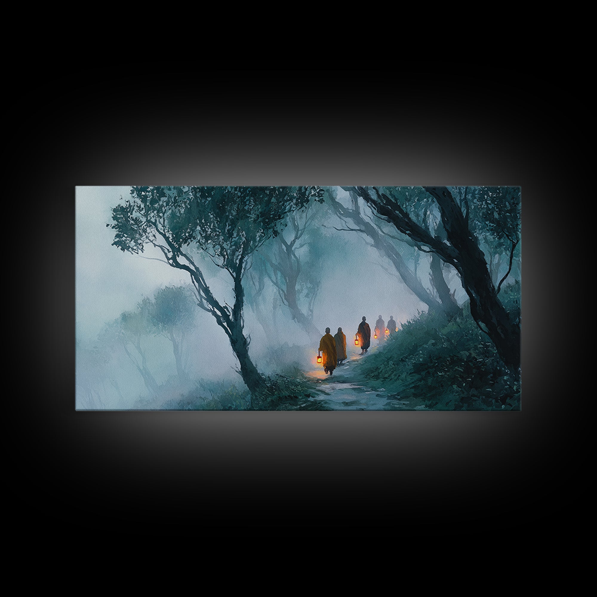 Mystical Monks Walking With Lanterns Through Foggy Forest Trail Wall Art Framed Canvas Print For Tranquil Home Decor
