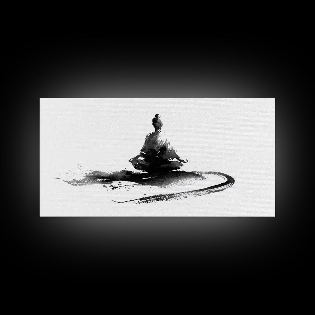 Minimalist Black And White Ink Painting Of Meditating Figure Abstract Wall Art Canvas Print For Modern Home Decor