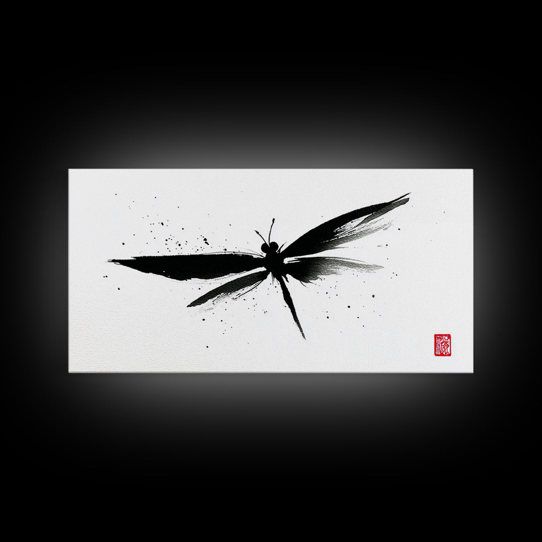 Zen Brush Stroke Dragonfly Japanese Ink Painting Minimalist Black And White Wall Art For Modern Home Decor Canvas Print
