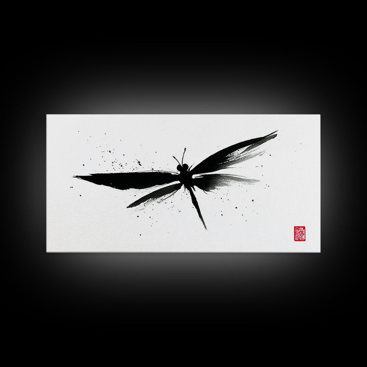 Zen Brush Stroke Dragonfly Japanese Ink Painting Minimalist Black And White Wall Art For Modern Home Decor Canvas Print
