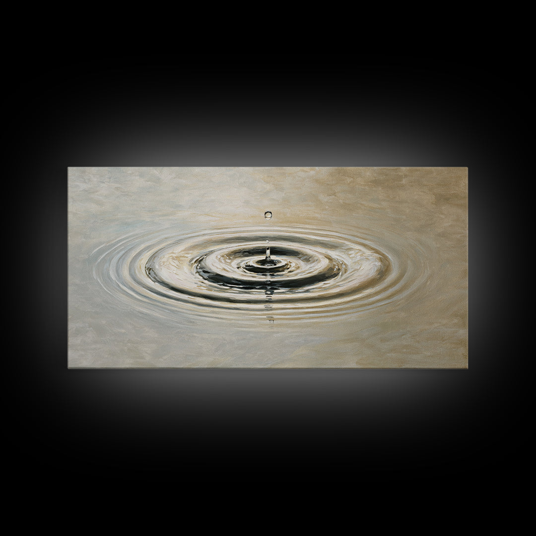 Hyperrealistic Water Drop Ripples Painting, Neutral Wall Art Framed Canvas Print For Modern Living Room Decor And Meditation Space