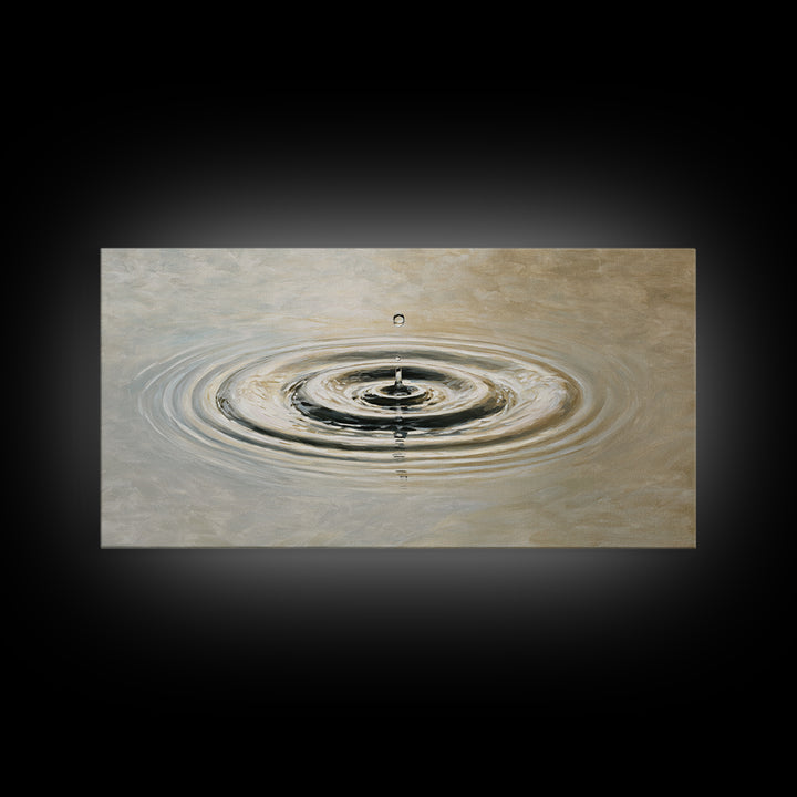 Hyperrealistic Water Drop Ripples Painting, Neutral Wall Art Framed Canvas Print For Modern Living Room Decor And Meditation Space