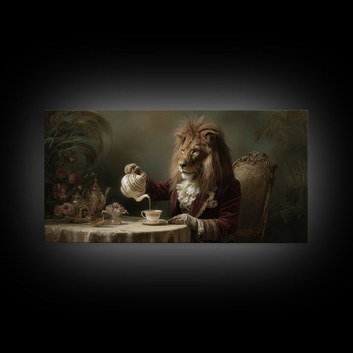 Regal Lion Having Afternoon Tea Wall Art, Whimsical Animal Canvas Print, Funny Bathroom Decor, Unique Gift For Her, Quirky Wall Decor