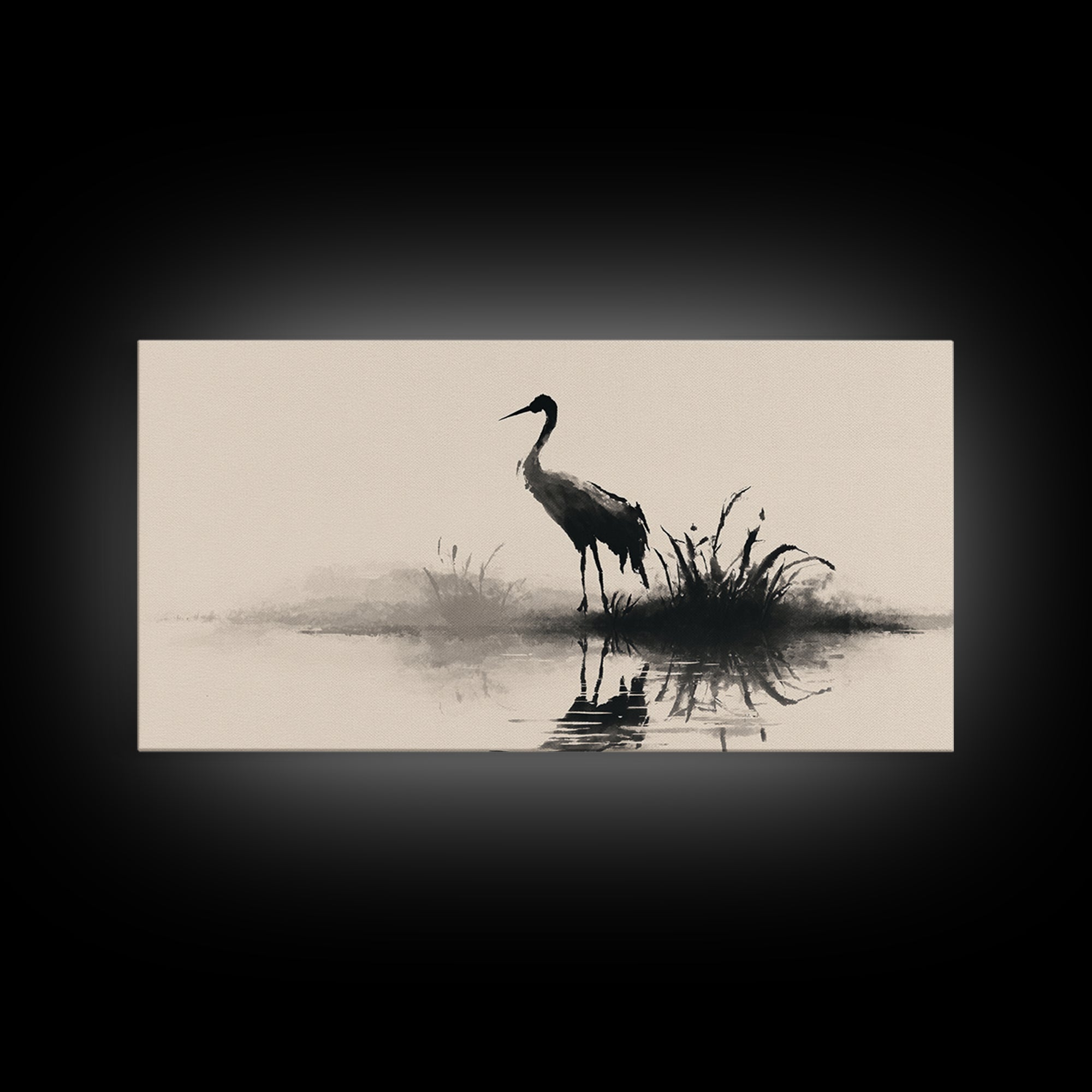 Elegant Black Crane Silhouette Reflecting Over Calm Water Minimalist Wall Art Framed Canvas Print For Home Decor