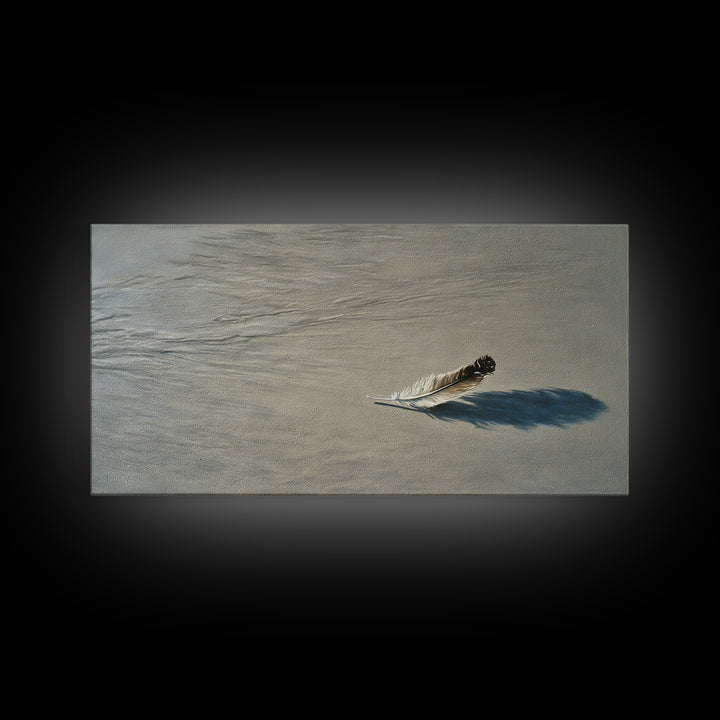 Delicate Single Feather With Realistic Shadow In Soft Beige Canvas Print For Elegant Wall Art Home Decor