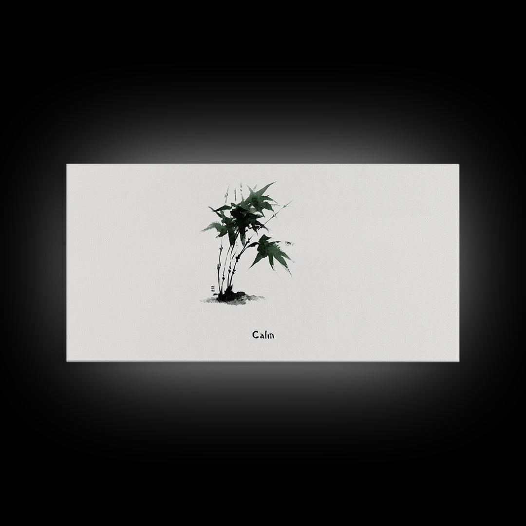 Minimalist Japanese Ink Painting Of Green Maple Leaves Calm Nature Wall Art Framed Canvas Print For Zen Home Decor