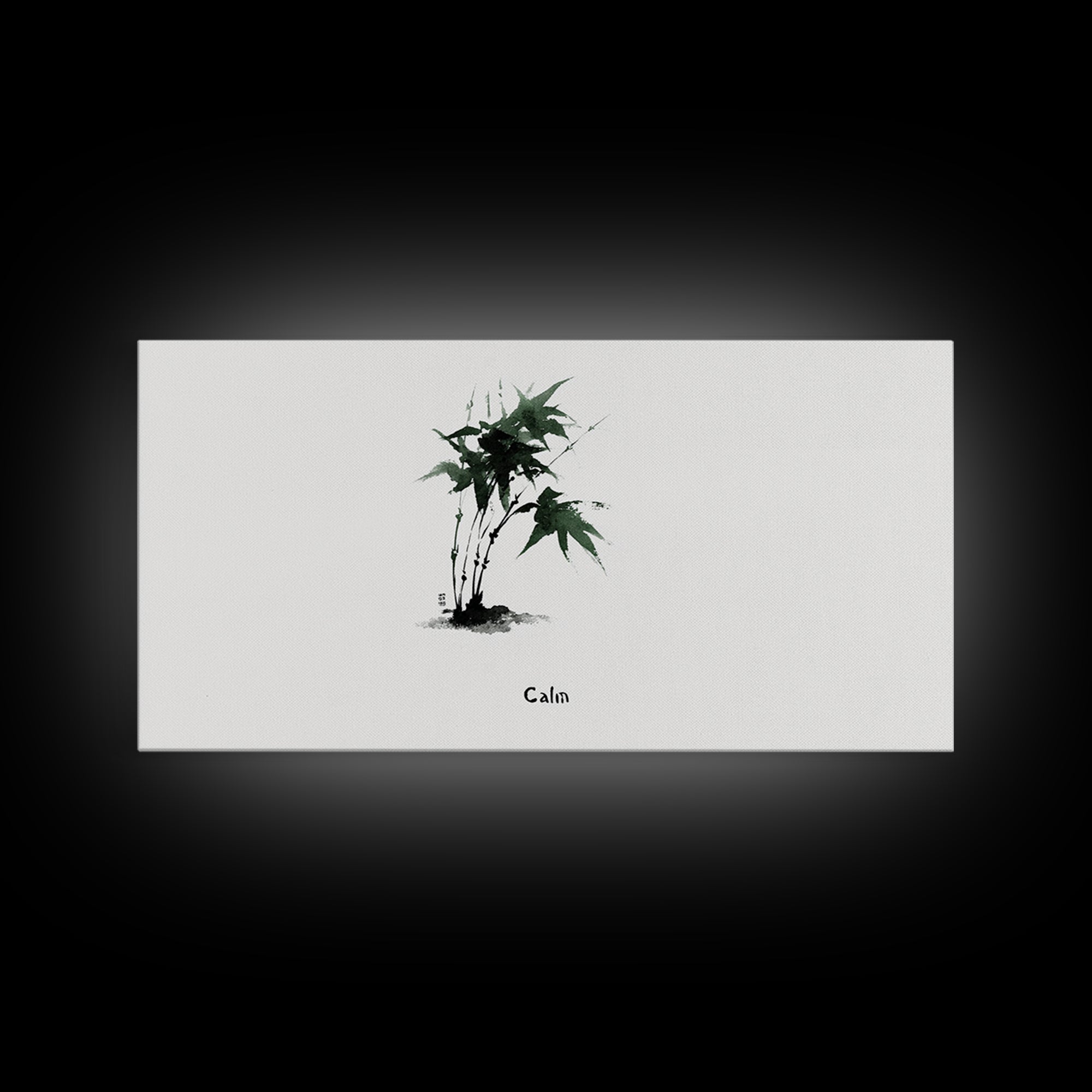 Minimalist Japanese Ink Painting Of Green Maple Leaves Calm Nature Wall Art Framed Canvas Print For Zen Home Decor