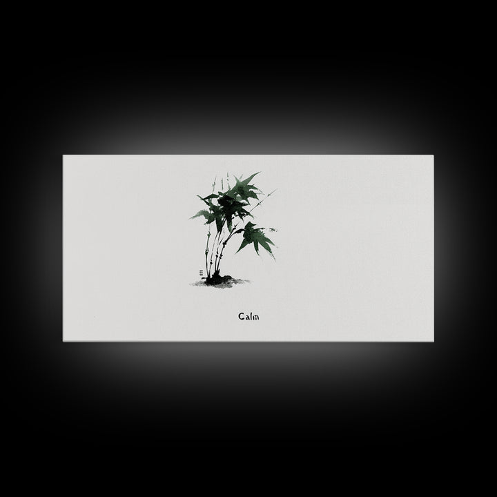 Minimalist Japanese Ink Painting Of Green Maple Leaves Calm Nature Wall Art Framed Canvas Print For Zen Home Decor