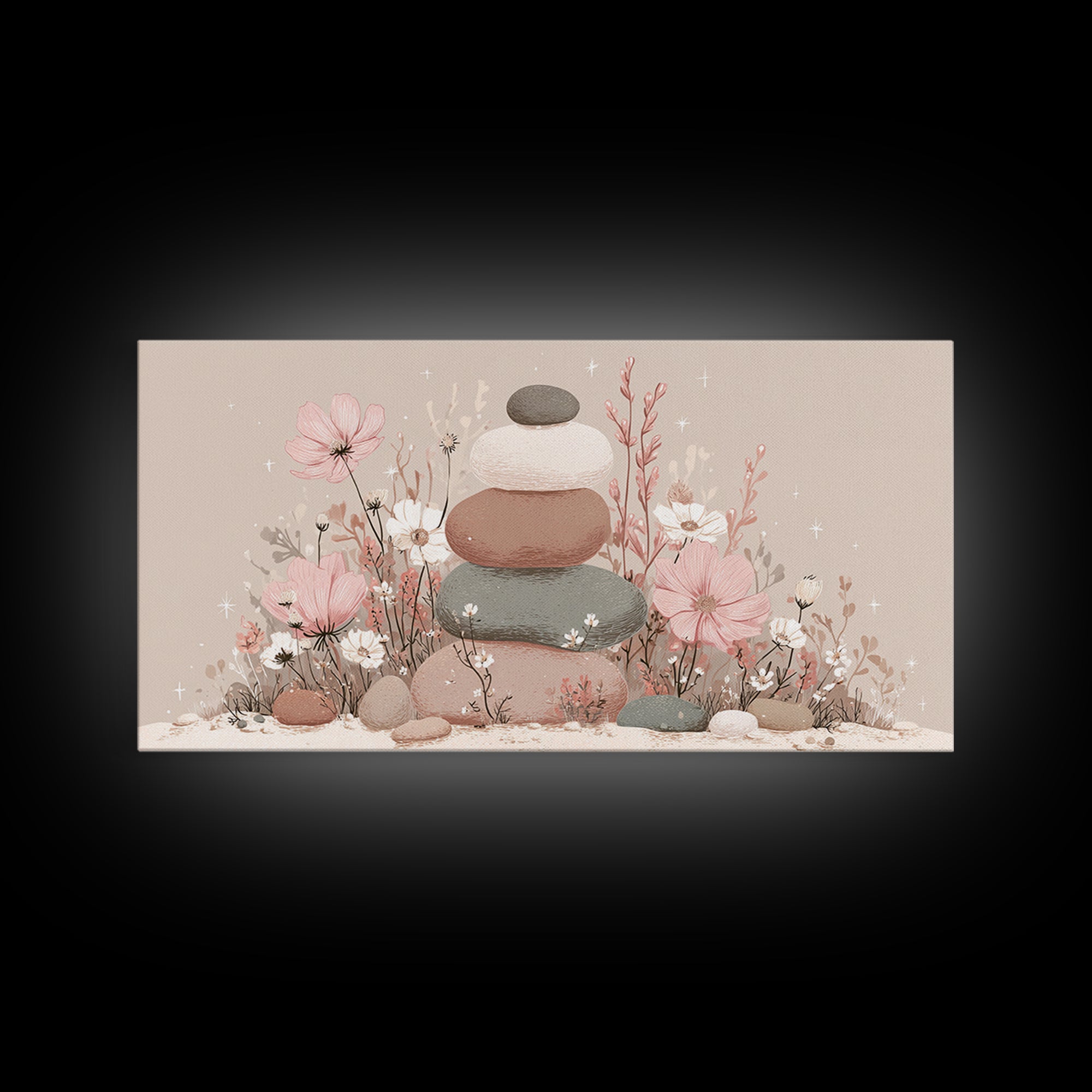 Stacked Zen Stones Wall Art, Pink Floral Spa Decor, Wabi Sabi Neutral Home Decor, Calming Bathroom Meditation Canvas Print