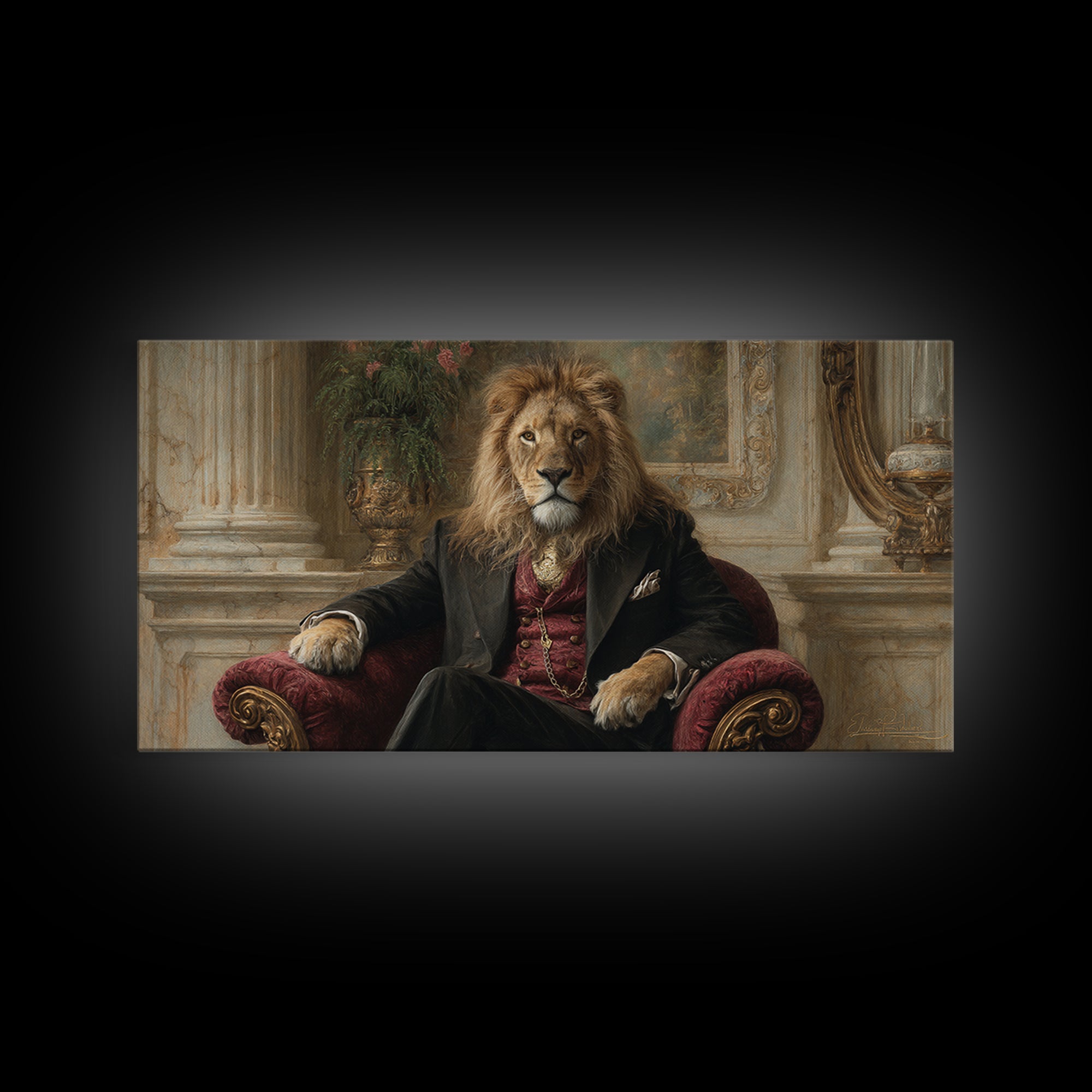 Regal Lion In Velvet Armchair Wall Art, Victorian Animal Portrait, Luxury Home Decor, Moody Living Room Art, Gift For Him