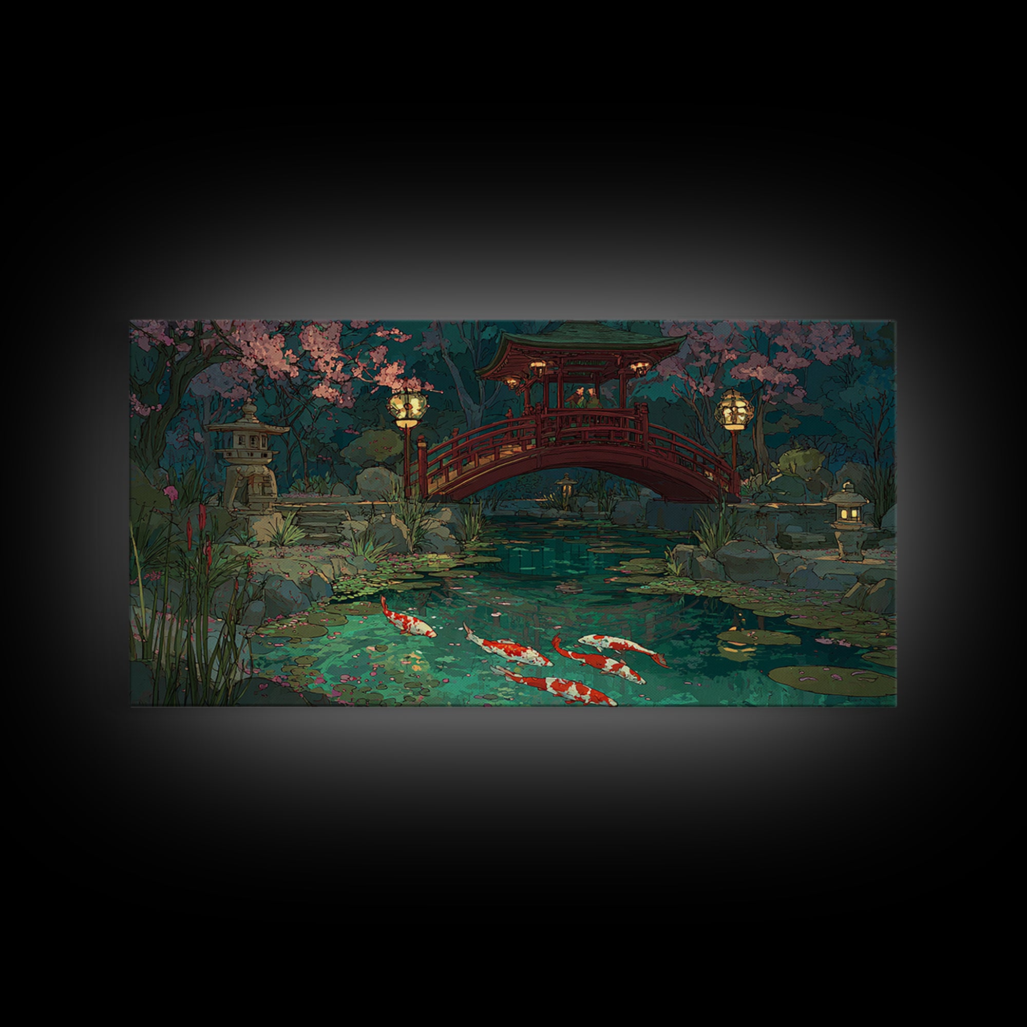 Peaceful Japanese Garden Pond With Koi Fish And Traditional Bridge Painting, Serene Wall Art, Framed Canvas Print For Zen Home Decor