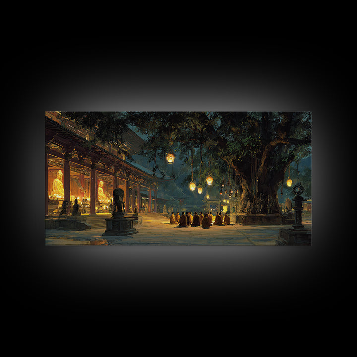 Serene Buddhist Monks Meditating Under Ancient Tree At Temple Warm Glowing Lights Wall Art Framed Canvas Print For Spiritual Home Decor