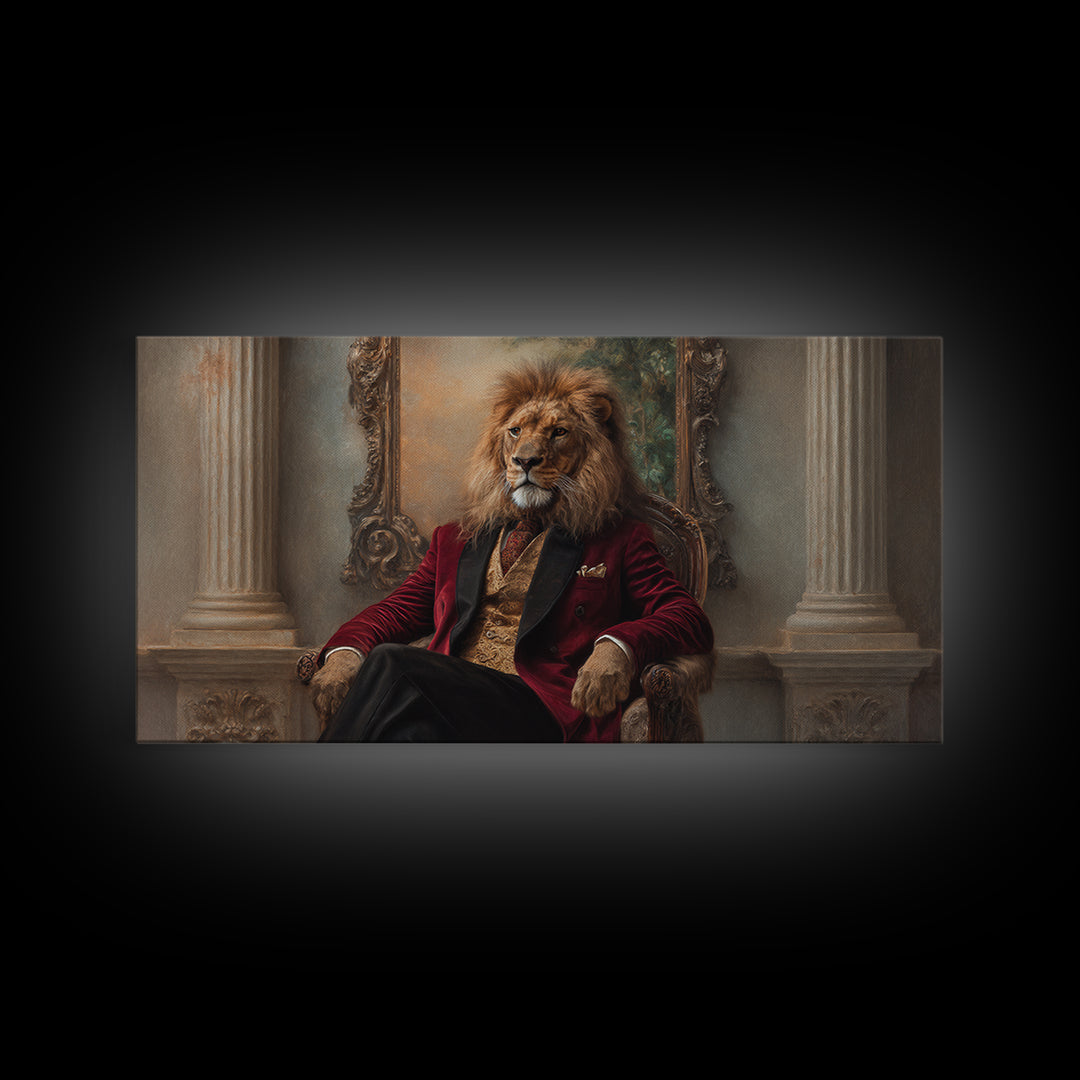 Lion King In Red Velvet Suit Canvas Print, Regal Animal Wall Art, Victorian Portrait, Masculine Office Decor, Gift For Him