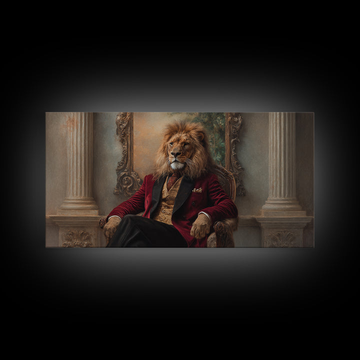 Lion King In Red Velvet Suit Canvas Print, Regal Animal Wall Art, Victorian Portrait, Masculine Office Decor, Gift For Him
